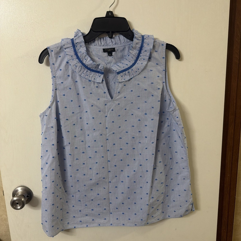 Talbots Womens Blue White Striped Clip Dot Ruffle Neck Sleeveless Top Sz PetiteL